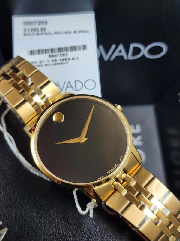 Movado Museum Classic Quartz Black Dial Gold Steel Strap Watch for Men - 0607203